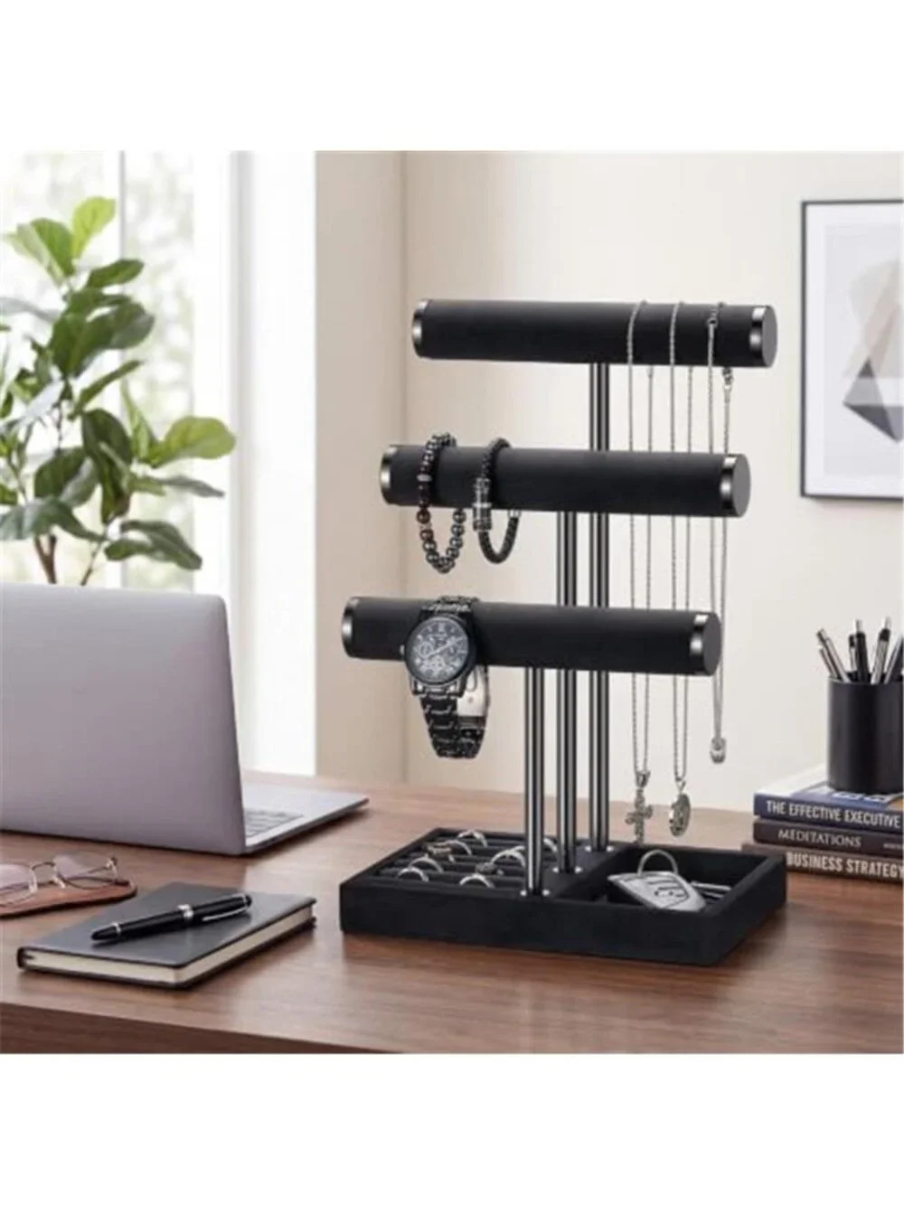 Jewelry Storage Organizer for Mens, 3 Tier Velvet Jewelry Organizer